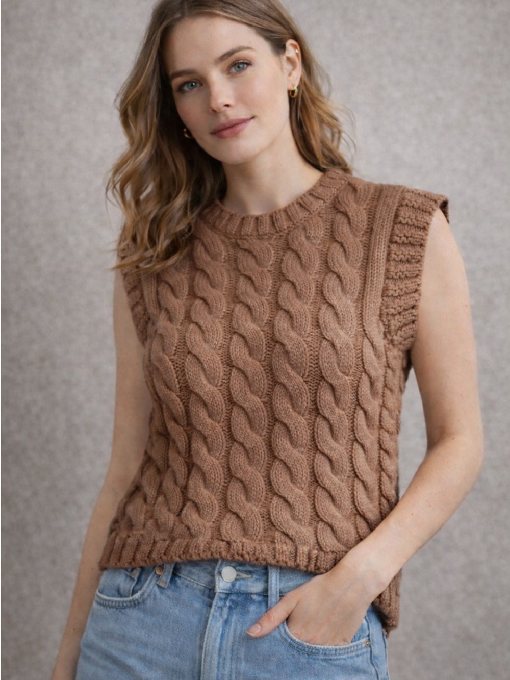 Tahari Cable Knit Sleeveless Vest in Light Taupe